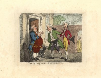 Besökande herrar vägrade tillträde till ett hus av en tjänare. av Thomas Rowlandson