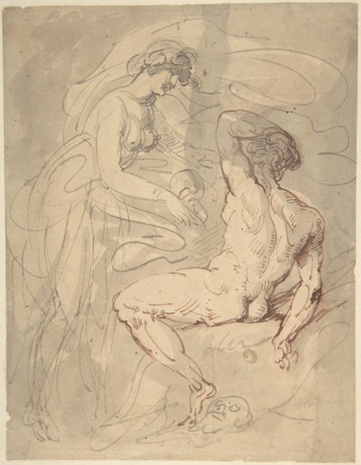 Kvinna som pratar med en sittande manlig nakenmodell av Thomas Rowlandson