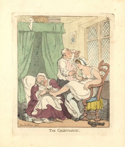 Kvinna som får sina fötter smärtsamt behandlade av en fotterapeut. av Thomas Rowlandson