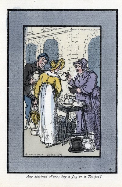 Kvinna som säljer kannor, tekannor och skålar har ett gathörn. En elegant ung kvinna tittar på varorna. Trägravyr, baserad på en målning av Thomas Rowlandson (1756-1827), publicerad i The Cris of London: med sex charmiga barn och nästan 40 illust. av Thomas Rowlandson