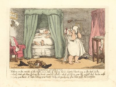 Kvinna som spiller en kanna vatten över sig själv under natten. av Thomas Rowlandson