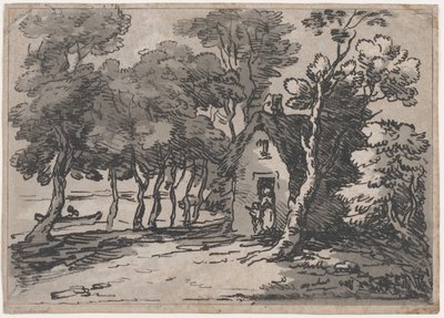 Skogbevuxen scen med figurer vid dörren till en stuga, 1783-88., 1783-88. av Thomas Rowlandson