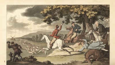 Ung engelsk gentleman rider med hundar i en svensexa jakt av Thomas Rowlandson
