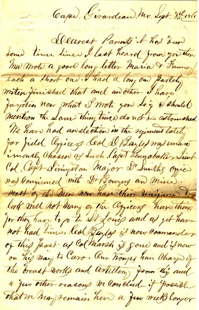 Letter signed T.S. Hawley, Cape Girardeau, Missouri, to parents, September 8, 1861 av Thomas S. Hawley