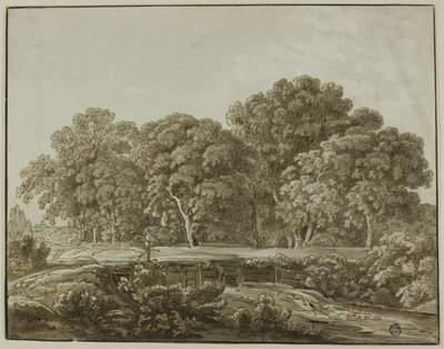 Landskap med figur som korsar bron över ström av Thomas Sandby
