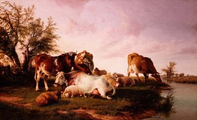Får och nötkreatur som betar vid en flodstrand av Thomas Sidney (after) Cooper