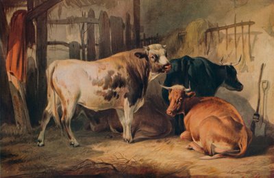 En tjur och tre kor i ett stall, c1856 av Thomas Sidney Cooper