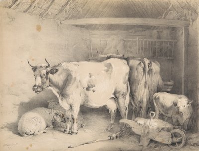Får och nötkreatur i en lada av Thomas Sidney Cooper