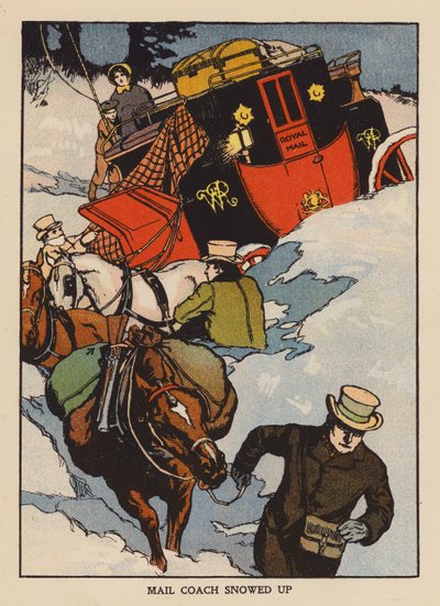 Postvagn snötäckt (färglitografi) av Thomas Somerfield