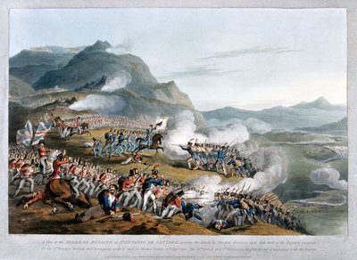 En vy över Sierra de Busaco vid St. Antonio de Cantaro, som visar attacken av marskalk Reigniers, graverad av Charles Turner, publicerad 1812 (akvatint) av Thomas Staunton St. Clair