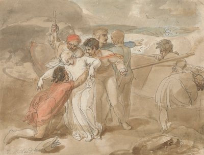 En kvinna räddad från havet och assisterad i land, roddbåt och räddare i bakgrunden av Thomas Stothard