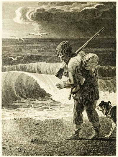 ?Robinson Crusoe upptäcker avtrycket av en mans fot? från ?The Life and Strange Surprising Adventures of Robinson Crusoe, or York, Mariner? av Daniel Defoe av Thomas Stothard