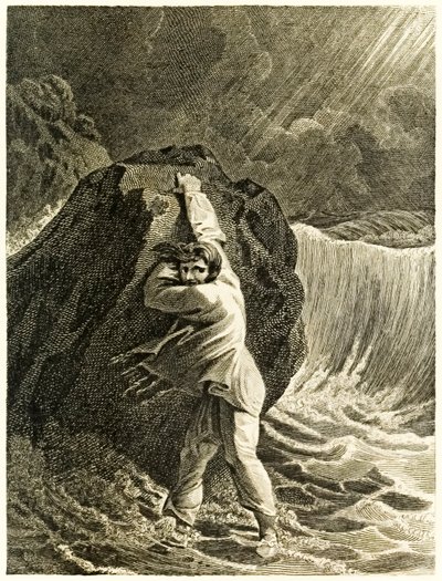 ?Robinson Crusoe förliste och klamrade sig fast vid en sten? från ?The Life and Strange Surprising Adventures of Robinson Crusoe, or York, Mariner? av Daniel Defoe av Thomas Stothard