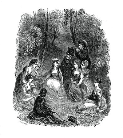 Scen från inledningen till The Decameron av Giovanni Boccaccio, 1833. av Thomas Stothard
