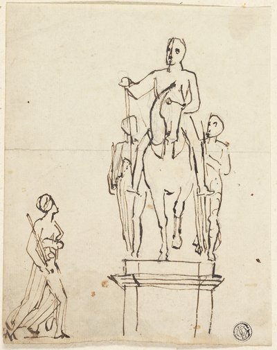 Skulptur av ryttare ackompanjerad av två stående figurer, med skiss av en av de senare av Thomas Stothard