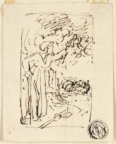 Skiss av figur lutad mot käpp av Thomas Stothard
