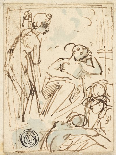 Skiss av man som lutar sig mot personalen och tittar på sovande kvinna av Thomas Stothard