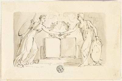 Två allegoriska kvinnliga figurer som knäpper händerna innan boken av Thomas Stothard