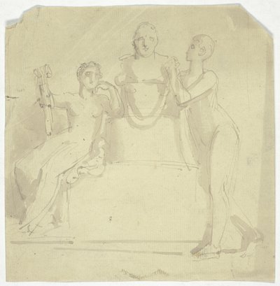 Två kvinnliga figurer med en byst av Thomas Stothard