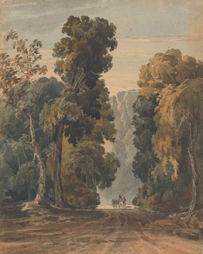 Häst, vagn och kusk på bred, trädkantad körfält av Thomas Sully