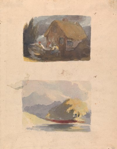 Två ritningar på ett ark: Stuga med figurer framtill (nr 15); Landskap med flod och berg - Sunshine (nr 16) av Thomas Sully