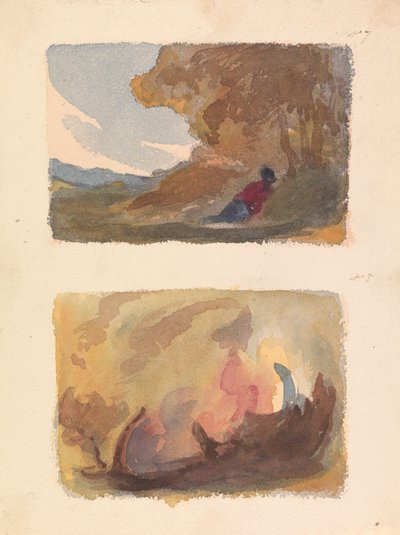 Två teckningar på ett ark: Landskap med figur lutande mot kullen - Tizian och venetiansk skola (nr 7); Landskap - olika vattenfärgstvättar (nr 8) av Thomas Sully