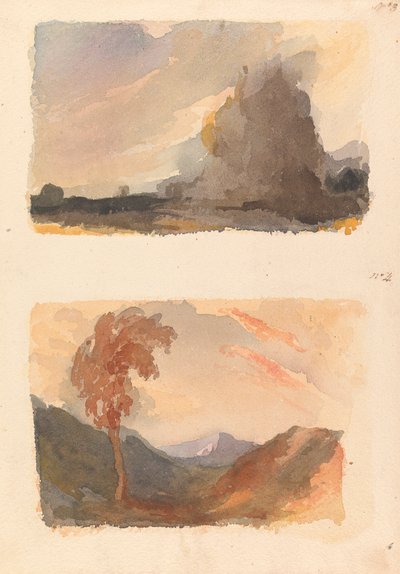 Två teckningar på ett ark: Landskap med stor klippa i förgrunden - Cuyps princip (nr 3); Landskap med träd i förgrunden, berg på avstånd - bådas princip (nr 4) av Thomas Sully