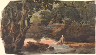 Två figurer i ström, kantad av stora träd av Thomas Sully