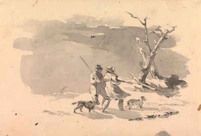 Två jägare och två hundar i vinterscenen av Thomas Sully
