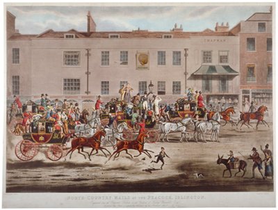 Postbussar framför Peacock Inn på Islington High Street, London, 1823. av Thomas Sutherland