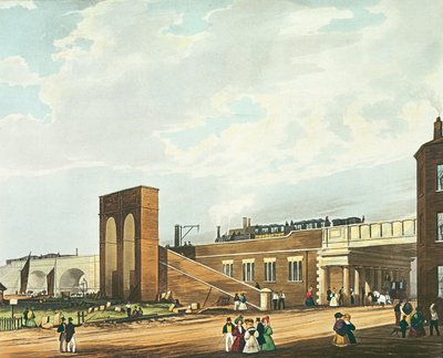 Indgang til Manchester Across Water Street, indgraveret af Henry Pyall (1795-1833) udgivet af Ackermann und Co., 1831 (farvet akvatinte) swed. av Thomas Talbot Bury