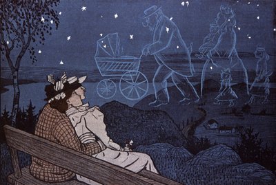 Par ute i det fria, tittar på sin framtid i stjärnorna: barn, familj. Illustration av Th.Th. Heine i: Simplicissimus, Tyskland av Thomas Theodor Heine