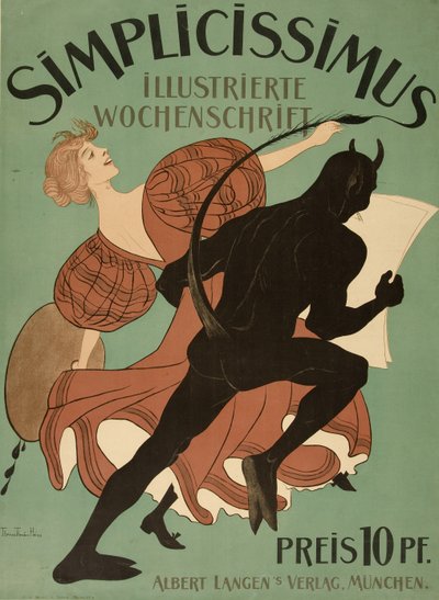 Främre omslag från "Simplicissimus Illustrated Weekly", pub. 1896 (lito i färg) av Thomas Theodor Heine