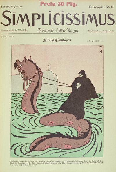 Kaiser rider Sea Snake till England, omslag Illustration från Simplicissimus av Thomas Theodor Heine