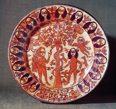 Adam och Evas tallrik, North Staffordshire, 1674 av Thomas Toft