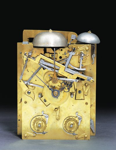 Detalj av en James II-monterad slående fästklocka med pull quarter repeat, nr. 166, ca 1690-95 av Thomas Tompion