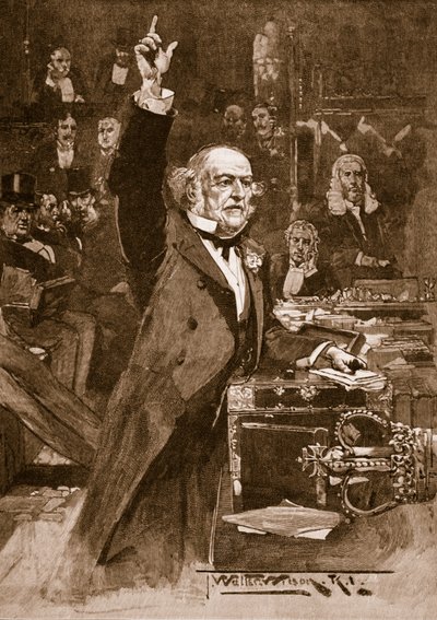 Introduktion av lagförslaget om hemmastyre: Mr. Gladstone levererade sin predikan, 1886, illustration från 