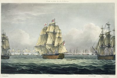 HMS Victory seglar mot den franska linjen flankerad av Euryalus och HMS Temeraire i slaget vid Trafalgar den 21 oktober 1805, graverad av T. Sutherland för "The Naval Chronology of Great Britain". av Thomas Whitcombe