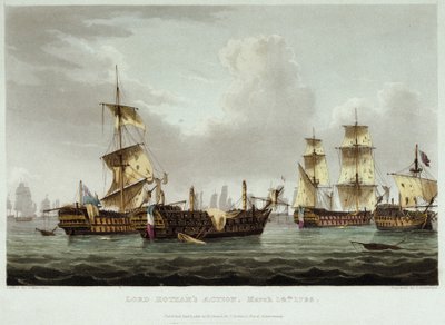 Sjöslaget under ledning av Lord William Hotham (1736-1813) den 14 mars av Thomas Whitcombe