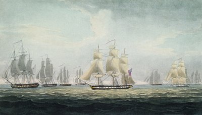 Sir Graham Moore (1764-1843), befälhavare för den eskader om fyra fregatter i den brittiska Royal Navy, som kapade en spansk skattflotta utanför Cadiz i Spanien den 5 oktober av Thomas Whitcombe