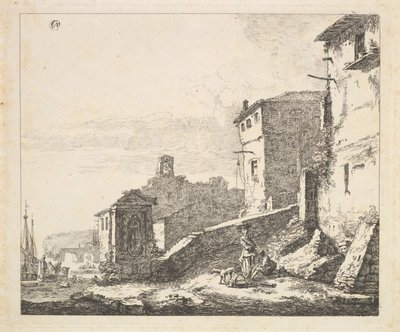 Byscen med kvinna som står bredvid en sittande man kopia, 1600-tal. av Thomas Wijck