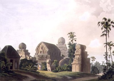 Skulpterade stenar vid Mavalipuram på Coromandels kust, tallrik I från del 3 av puben "Oriental Scenery". 1799 (akvatint) av Thomas und William Daniell