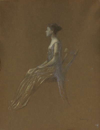 Sittande dam i gul klänning (pastell på papper) av Thomas Wilmer Dewing