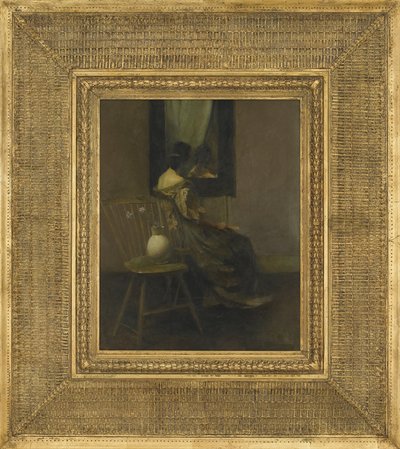 The Mirror, 1907 (olja på träpanel) av Thomas Wilmer Dewing