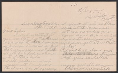 Brev från Thomas Womack till Julia Womack med kuvert, 7 april 1915. av Thomas Womack