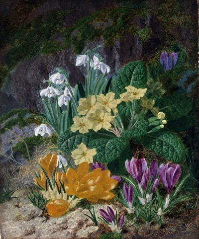 Vårblommor (bl.a. krokus och gullvivor). Målning av Thomas Worsey (1829-1875) Privat samling. av Thomas Worsey