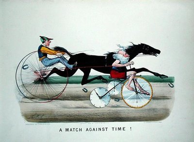 "A Match Against Time", kapplöpning mellan en häst och pappa Time på en cykel av Thomas Worth