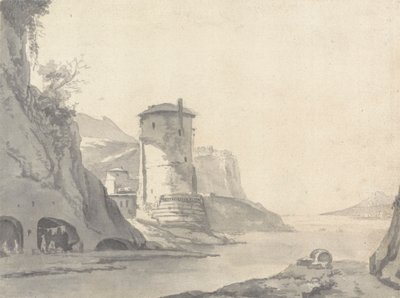 En by i en klippig kustvik (italienska?) med runda tornet på vänster strand av Thomas Wyck