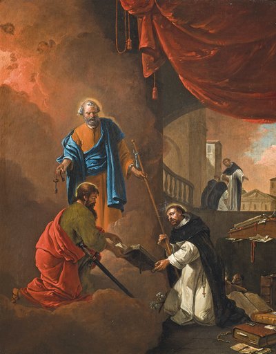 The Vision of Saint Dominic, med Saint Dominic som välsignar två missionärsbröder bortom av Thomas Wyck