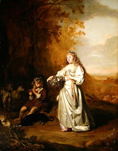 En flicka och en pojke i arkadisk kostym (olja på panel) av Thomas de Keyser